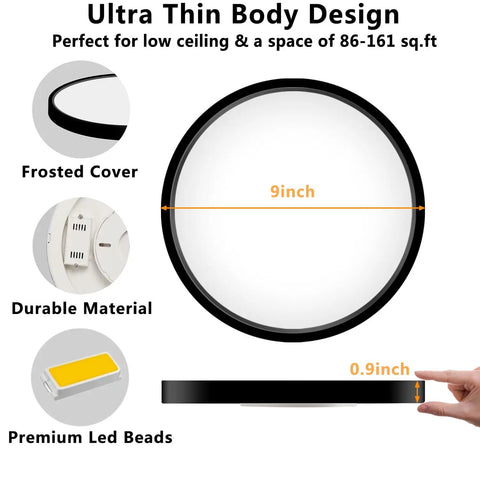 Black 9 Inch Flush Mount Ceiling Light Fixture, Low Profile Slim Surface Light, 18W 5000K Daylight For Bedroom Kitchen Hallway Laundry Stairwell Basement Closet, showing ultra-thin design with 0.9-inch thickness and premium LED.