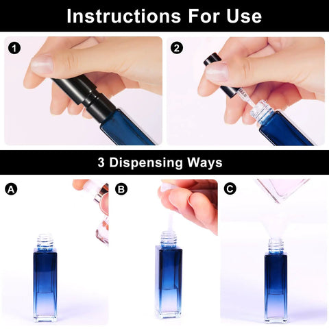 Hands demonstrating refill methods of Four Glass Perfume Spray Bottles Set Refillable Travel Size Atomizers With Fine Mist Leak Proof