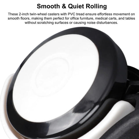 Premium 2 Inch Twin Wheel Casters With M10 Threaded Stem And Sure Grip Brake Rolls Real Smooth Pvc Tread Rollers showing smooth black and white twin wheels.