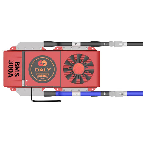 Rock Solid 12V 3S 300A Lithium Battery Protection Board PCB BMS with Balance Wires and cooling fan on top view.