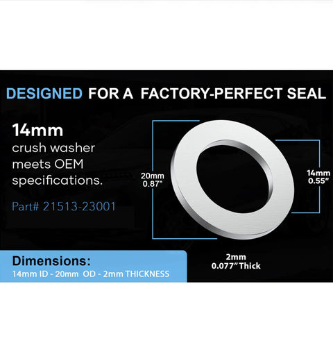 Image of 14mm aluminum crush washer with dimensions 14mm ID, 20mm OD, 2mm thick, for Hyundai Kia part 21513-23001 leakproof seal.