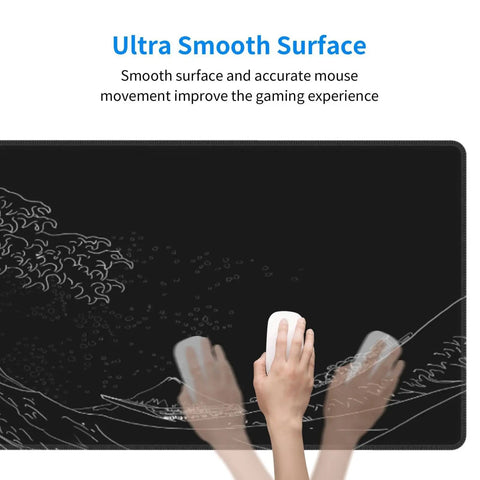 Ultra Smooth Large Gaming Mouse Pad With No Slip Rubber Base Waterproof Edges And Stitched Finish For Gaming Office And Home 31.5 By 11.8 Inches Black Wave being used with two hands demonstrating smooth glide on black surface.