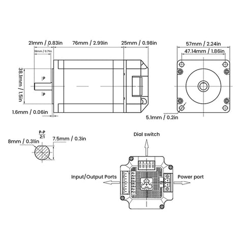 Technical diagram of Integrated Servo Stepper Motor With Closed Loop Controller And 1000 Line Encoder For CNC Machines And 3D Printers