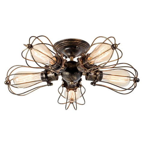 Vintage Industrial 5-Light Bronze Ceiling Light Semi-Flush Mount, Metal Fixture With Painted Finish, Hardwired 100-240V, E26 Base
