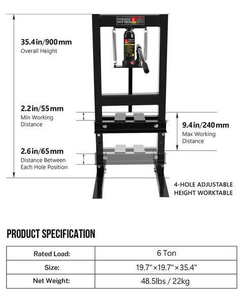 Diagram of Beefy 6 Ton Hydraulic H Frame Shop Press With Adjustable Height Heavy Duty Garage Floor Tool specifications