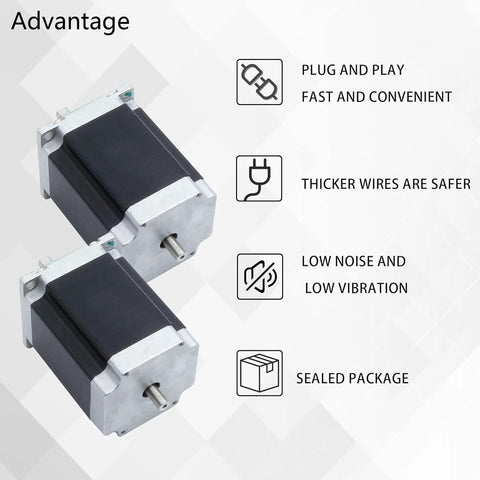 NEMA 23 dual shaft stepper motor advantages: plug-and-play, safer thicker wires, low noise, sealed package