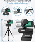 Crisp 4K Webcam For Pc Or Laptop With Killer Noise Cancelling Mic, Easy Plug Play USB setup features adjustable angles on tripod.