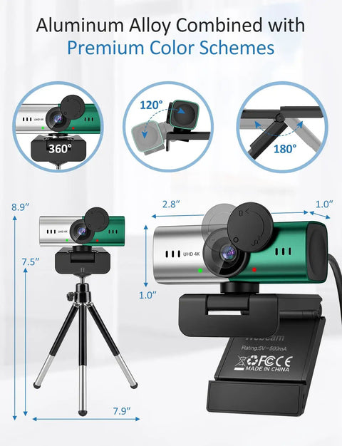 Crisp 4K Webcam For Pc Or Laptop With Killer Noise Cancelling Mic, Easy Plug Play USB setup features adjustable angles on tripod.
