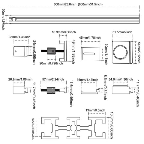 Heavy Duty Adjustable 800Mm Aluminum Router Guide Rail Bracket With Dual Scale Markings dimensions and specifications illustration.