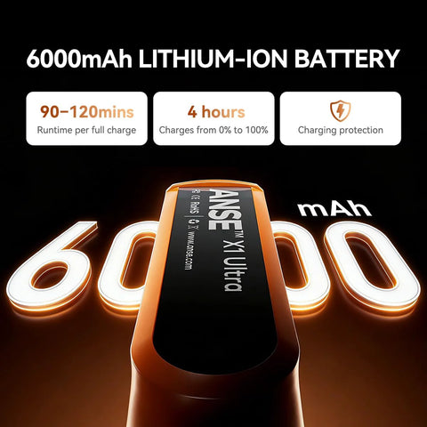 Close-up of Rechargeable Cordless Fuel Transfer Pump 2.7 GPM Model X1 Ultra 6000mAh lithium-ion battery specs.