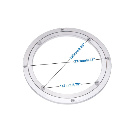 The Real Deal Built Tough Aluminum Lazy Susan Turntable Base featuring smooth ball bearing swivel plate, 10 inch size, clear view of dimensions.