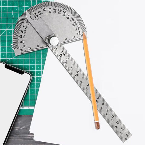 No Fuss Stainless Steel Zero To One Eighty Degree Round Head Protractor And Angle Finder on workspace with pencil.