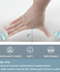 Hand pressing white cushion, showing 2-inch thickness, labeled high elasticity, soft, breathable. "Warm Tips" note included.