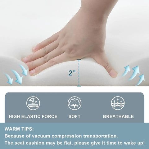 Hand pressing white cushion, showing 2-inch thickness, labeled high elasticity, soft, breathable. "Warm Tips" note included.