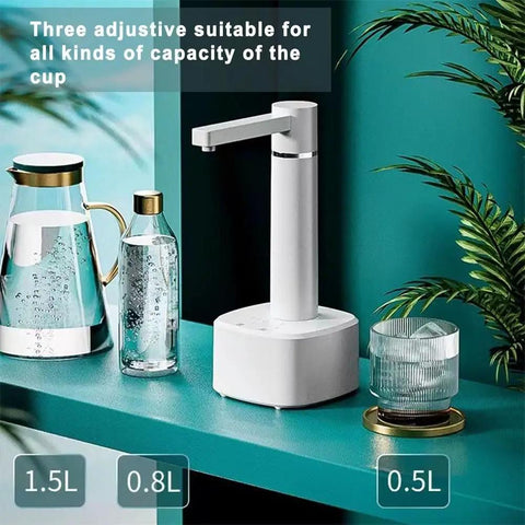 Desktop Water Dispenser With Hot And Cold Water, USB Charging, Electric ABS Pump, shown with three cups, green backdrop