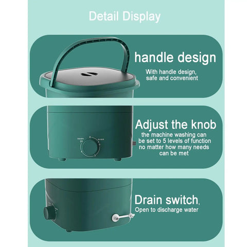 Detail view of Slick Portable Washing Machine With Hella Compact Folding Build showcasing handle, knob adjustments, and drain switch.