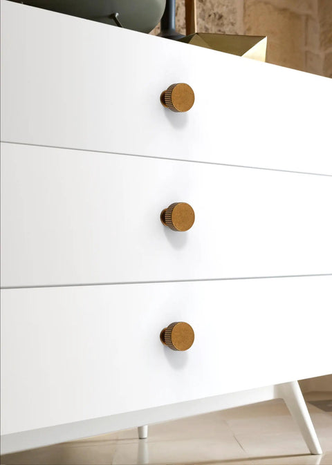Slick Antique Brass Cabinet Knobs Two Pack Single Hole Round Drawer Pulls For Kitchen Cupboards And Dressers on white dresser.