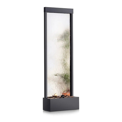 Mirror Waterfall Fountain With Stones And Lights For Indoor Outdoor Zen Decor Create A Calming Vibe In Your Living Room Office Patio Or Entryway 72 Inches Tall, showing a sleek 72-inch tall wall-mounted water feature with mirror and stones.