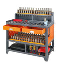 Heavy Duty Steel Workbench And Garage Tool Organizer Cabinet With Pegboard Hanging Parts Bins Lockable Drawers, featuring storage drawers and tool organization.