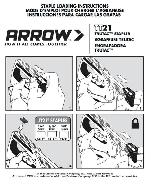 Diagram showing how to load staples into TruTac TT21 Forward Action Staple Gun for upholstery, crafts, decorating, and repairs.
