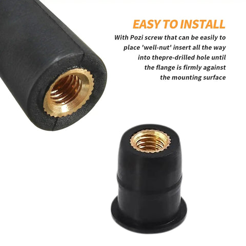 Close-up of 20 pcs M6 rubber well nuts showing brass insert for universal fairing fasteners and windshield mounts, weatherproof.
