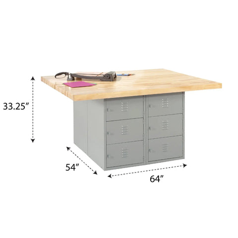 Heavy Duty Workshop Workbench With Twelve Horizontal Lockers And Secure Padlock Hasps Solid As A Rock Steel Base Topped With Premium Hardwood Top Gray Finish. 64 inch size, organized parts storage.