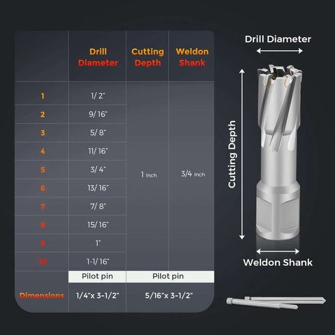 Bonvoisin annular cutter set, 12-piece carbide-tip mag drill bits, 1/2"–1-1/16" diameter, 3/4" Weldon shank with 2 pilot pins