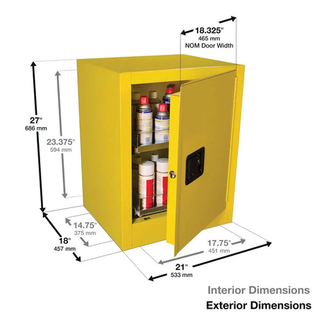 Compact Benchtop Safety Cabinet For Aerosol Cans Holds Twenty Four With Smooth Rollout Shelves And Secure Key Lock Keeps Gear Safe Tight Footprint Meets All Osha Standards, yellow cabinet with dimensions.