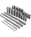 Silver Go To Pro Grade Keyway Broach Kit For Metalworking And Manufacturing With 5 Broaches, bushings, and shims displayed.
