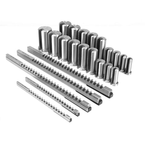 Silver Go To Pro Grade Keyway Broach Kit For Metalworking And Manufacturing With 5 Broaches, bushings, and shims displayed.
