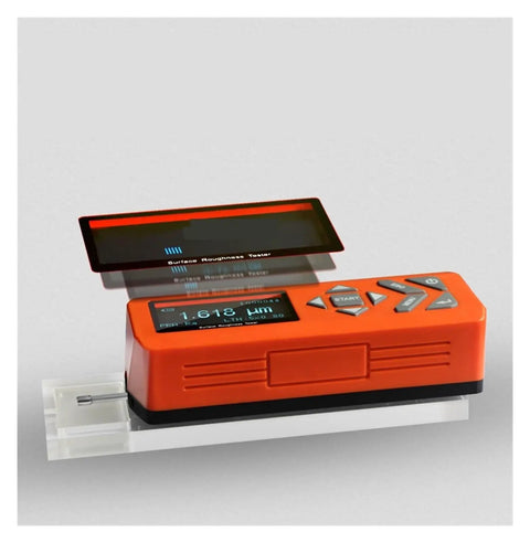 Top Shelf Digital Surface Roughness Tester With Crisp LCD Readout And Compact Profile Gauge showing measurements on an orange device.