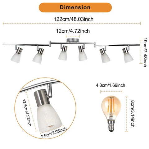 Six Light LED Track Lighting Kit With Frosted Glass Shades And Adjustable Heads In Brushed Nickel Modern Ceiling Fixture shown with dimensions