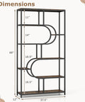 Modern 5 Tier Bookcase With Sturdy Open Metal Frame In Brown Black Oval Finish showing dimensions and geometric design.