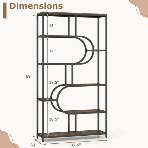 Modern 5 Tier Bookcase With Sturdy Open Metal Frame In Brown Black Oval Finish showing dimensions and geometric design.