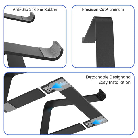 Close-up of Built To Last Durable Metal Laptop Stand showing anti-slip silicone rubber, precision cut aluminum, detachable design.