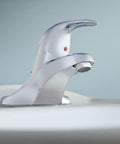 One-Handle Low Arc Bathroom Faucet Chrome Finish, 4-Inch Centerset Installation, Easy Install, Single Lever Temperature Control