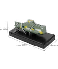 Remote Control Submarine Toy Boat With Rechargeable Battery Dive And Rotate Function Dark Green Military Style Mini RC Submarine For Pool Bath Ocean Play product on stand with size dimensions