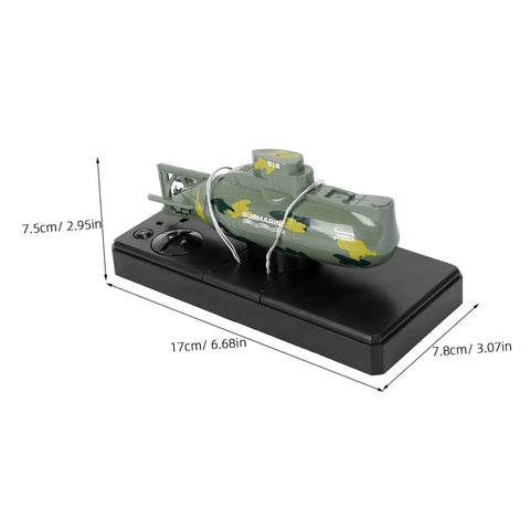 Remote Control Submarine Toy Boat With Rechargeable Battery Dive And Rotate Function Dark Green Military Style Mini RC Submarine For Pool Bath Ocean Play product on stand with size dimensions