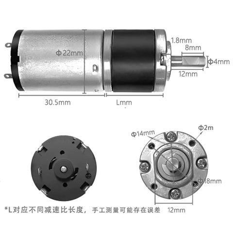 22 Mm Micro Heavy Duty Planetary Gear Motor Packing Beast Mode Torque And Zero Lag Response 12V Or 24V DC showing dimensions and design.