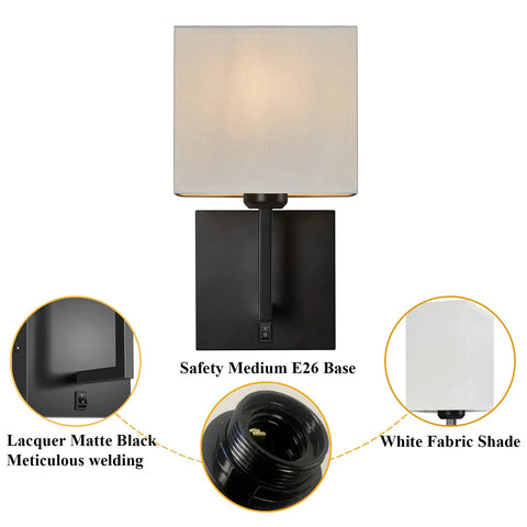 Hardwired Modern White Fabric Wall Sconce Dual Switch On Off Indoor Lighting with black matte finish and E26 base details