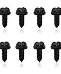 Hella Durable Stainless Steel License Plate Screws For Cars And Trucks 8 Piece Kit Black rust proof self tapping fasteners close up view.