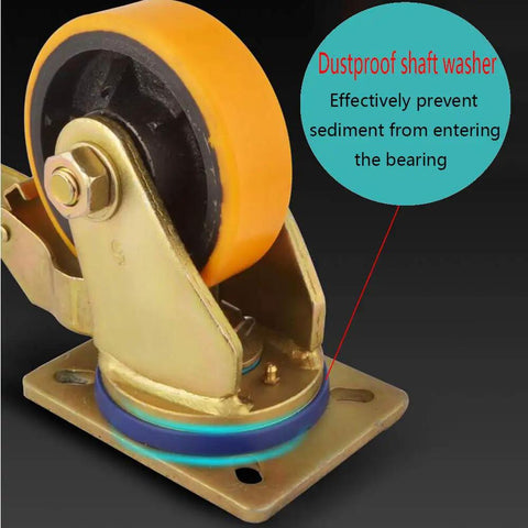 Top Shelf Heavy Duty Cast Iron Caster Wheels With Firm Locking Brakes Industrial Grade Rollers close-up view showing yellow polyurethane tread and shaft washer.
