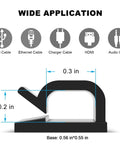Diagram showing Sticky Cable Clips Set for Wall and Desk Cord Management 60 Piece Upgrade with size and applications.