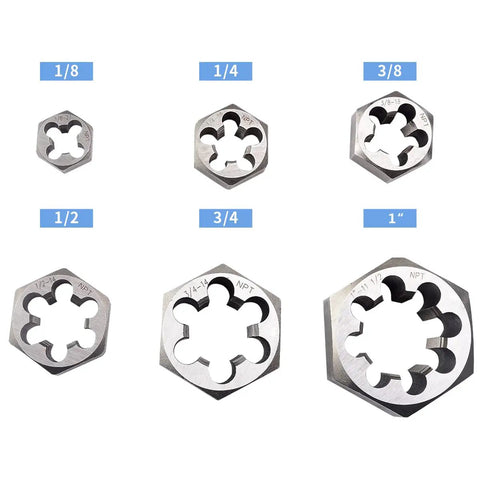 Front view of Six-Piece Carbon Steel NPT Pipe Hex Die Set For Right-Hand Rethreading, Heavy-Duty Kit With 1/8-27 to 1-11 1/2 sizes.