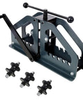 Heavy Duty Manual Tube Roller Bender with hand crank and three round die sets for steel pipe bending tasks.