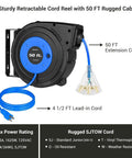 Retractable Extension Cord Reel With 50 Ft Heavy Duty Power Cord 14 AWG 3 Conductor SJTOW Three Grounded Outlets Lighted Triple Tap 13 Amp Circuit Breaker UL Listed For Garage Workshop Ceiling Or Wall Mount