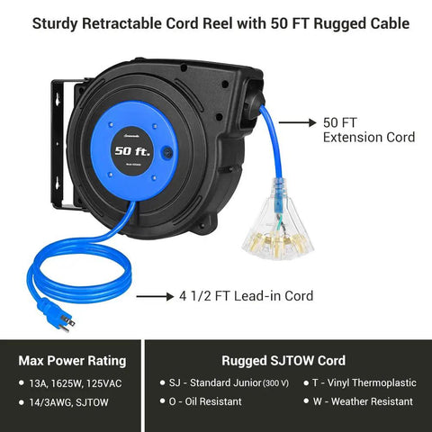 Retractable Extension Cord Reel With 50 Ft Heavy Duty Power Cord 14 AWG 3 Conductor SJTOW Three Grounded Outlets Lighted Triple Tap 13 Amp Circuit Breaker UL Listed For Garage Workshop Ceiling Or Wall Mount