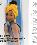 Woman with dark blue gel nails, wearing a yellow headwrap and blue top, highlighting Dark Blue Gel Nail Polish 15ml Soak Off UV LED.