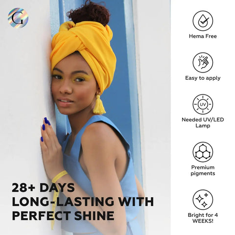 Woman with dark blue gel nails, wearing a yellow headwrap and blue top, highlighting Dark Blue Gel Nail Polish 15ml Soak Off UV LED.