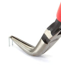 Close-up of 6 Inch 70 Degree Long Nose Pliers With Slim Bent Nose For Tight Obstructions showing gripping action on a small metal object